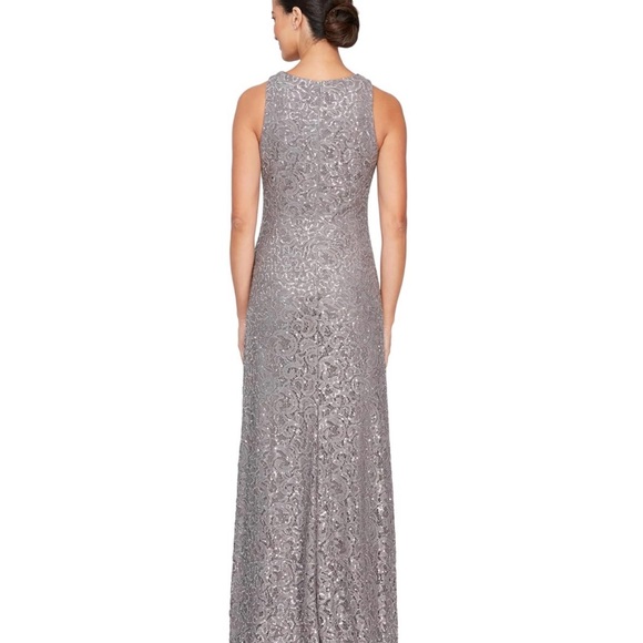 Women's Alex Evenings Petite Charcoal Silver Sequin Lace Maxi Dress 10P - Picture 2 of 12